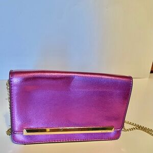 NEW Aldo Dark Foil Purple Clutch with Crossbody Gold Chain